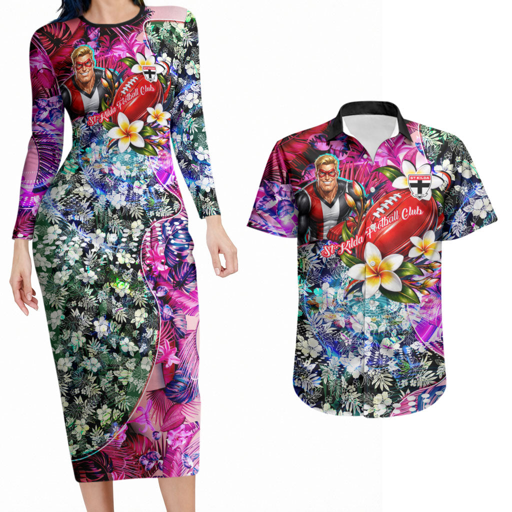 Personalized St Kilda Football Saints Couples Matching Long Sleeve Bodycon Dress and Hawaiian Shirt Tropical Hibiscus Flowers - Pacific Fusion Style