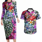 Personalized St Kilda Football Saints Couples Matching Long Sleeve Bodycon Dress and Hawaiian Shirt Tropical Hibiscus Flowers - Pacific Fusion Style
