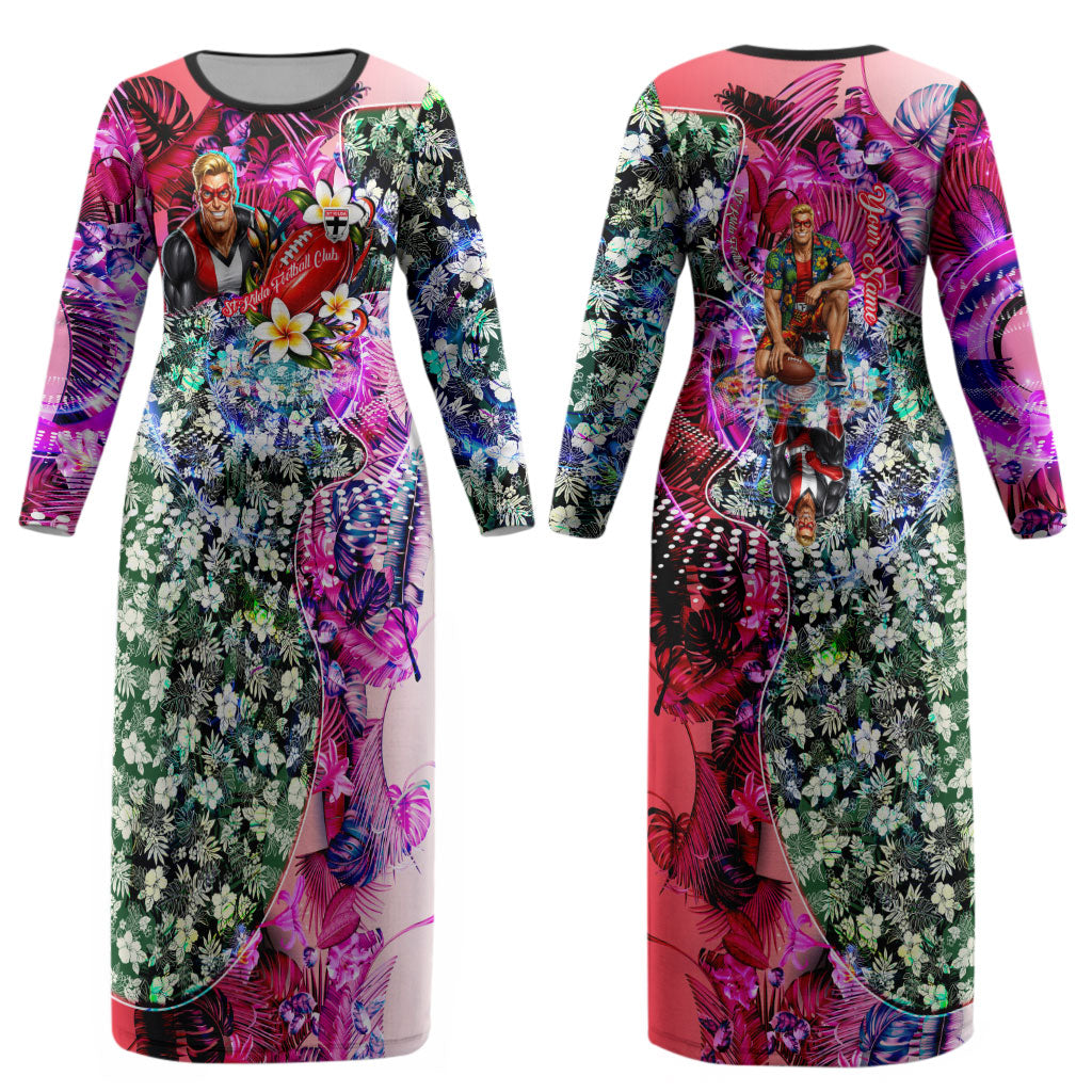 Personalized St Kilda Football Saints Couples Matching Long Sleeve Bodycon Dress and Hawaiian Shirt Tropical Hibiscus Flowers - Pacific Fusion Style