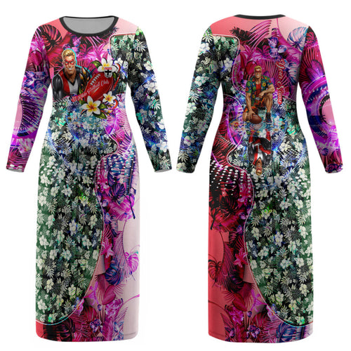 Personalized St Kilda Football Saints Couples Matching Long Sleeve Bodycon Dress and Hawaiian Shirt Tropical Hibiscus Flowers - Pacific Fusion Style