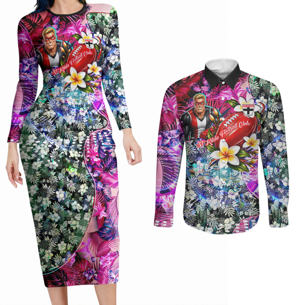 Personalized St Kilda Football Saints Couples Matching Long Sleeve Bodycon Dress and Long Sleeve Button Shirt Tropical Hibiscus Flowers - Pacific Fusion Style