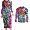 Personalized St Kilda Football Saints Couples Matching Long Sleeve Bodycon Dress and Long Sleeve Button Shirt Tropical Hibiscus Flowers - Pacific Fusion Style