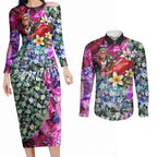 Personalized St Kilda Football Saints Couples Matching Long Sleeve Bodycon Dress and Long Sleeve Button Shirt Tropical Hibiscus Flowers - Pacific Fusion Style