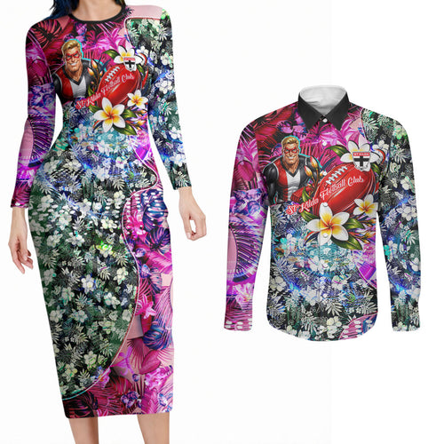 Personalized St Kilda Football Saints Couples Matching Long Sleeve Bodycon Dress and Long Sleeve Button Shirt Tropical Hibiscus Flowers - Pacific Fusion Style