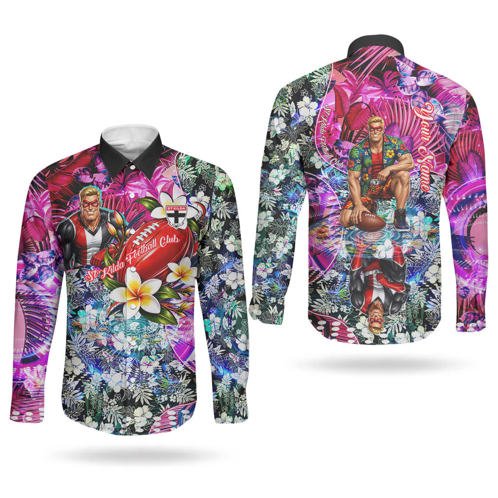 Personalized St Kilda Football Saints Couples Matching Long Sleeve Bodycon Dress and Long Sleeve Button Shirt Tropical Hibiscus Flowers - Pacific Fusion Style