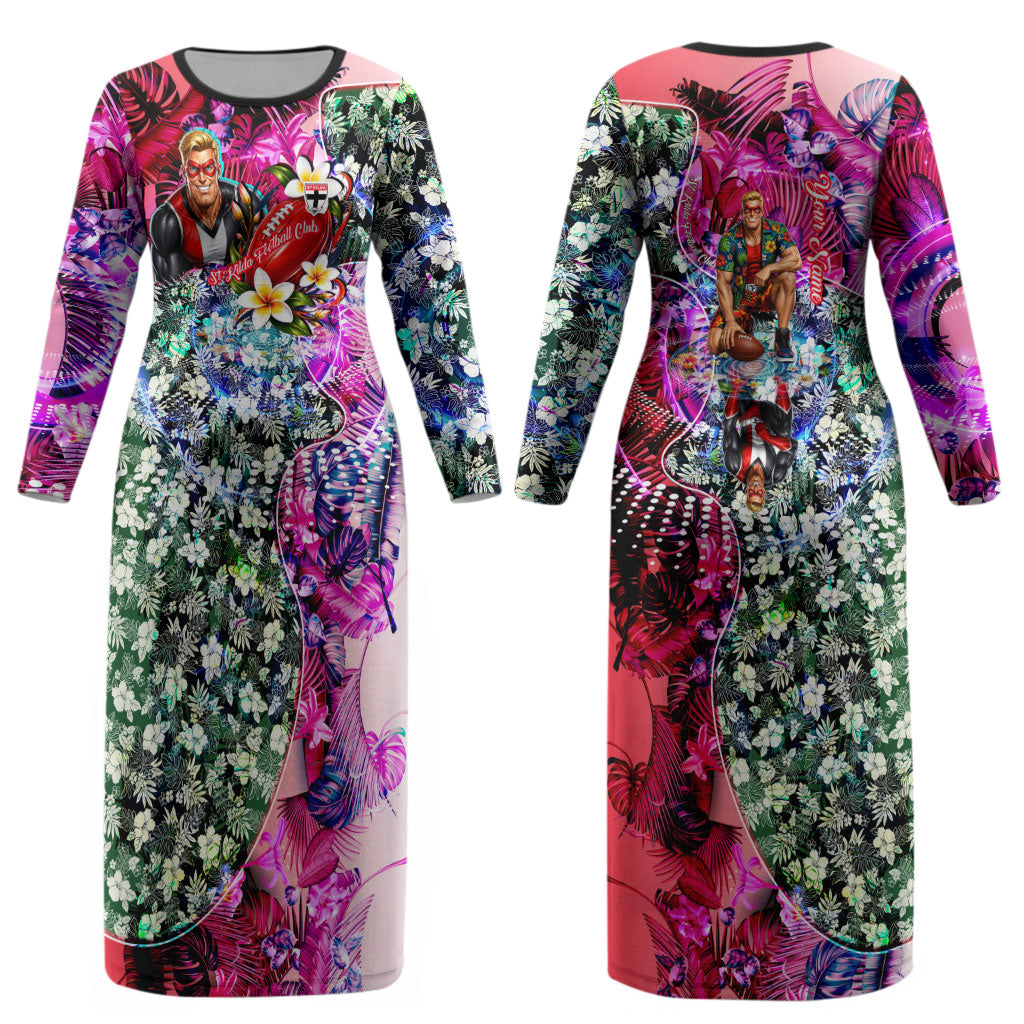 Personalized St Kilda Football Saints Couples Matching Long Sleeve Bodycon Dress and Long Sleeve Button Shirt Tropical Hibiscus Flowers - Pacific Fusion Style