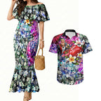 Personalized St Kilda Football Saints Couples Matching Mermaid Dress and Hawaiian Shirt Tropical Hibiscus Flowers - Pacific Fusion Style