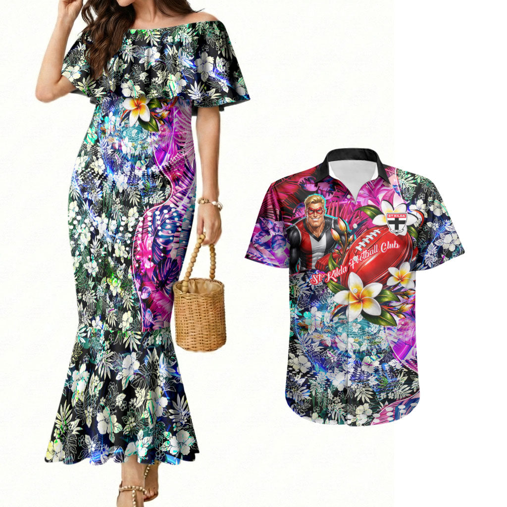 Personalized St Kilda Football Saints Couples Matching Mermaid Dress and Hawaiian Shirt Tropical Hibiscus Flowers - Pacific Fusion Style