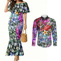 Personalized St Kilda Football Saints Couples Matching Mermaid Dress and Long Sleeve Button Shirt Tropical Hibiscus Flowers - Pacific Fusion Style
