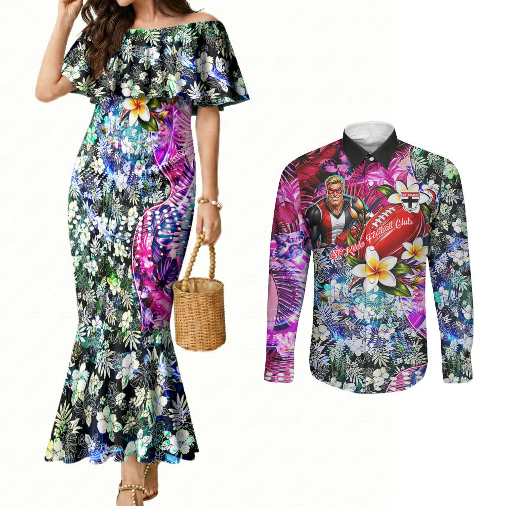 Personalized St Kilda Football Saints Couples Matching Mermaid Dress and Long Sleeve Button Shirt Tropical Hibiscus Flowers - Pacific Fusion Style