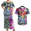 Personalized St Kilda Football Saints Couples Matching Off Shoulder Maxi Dress and Hawaiian Shirt Tropical Hibiscus Flowers - Pacific Fusion Style