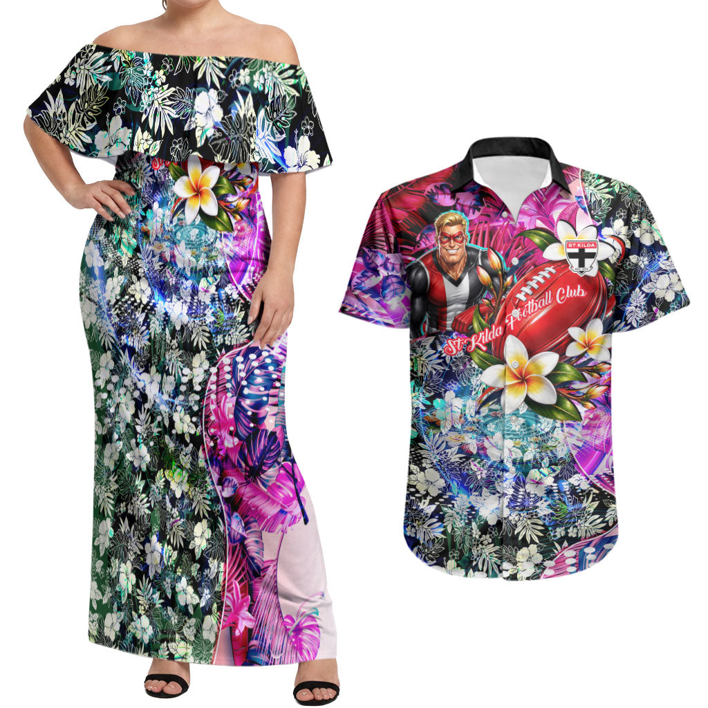 Personalized St Kilda Football Saints Couples Matching Off Shoulder Maxi Dress and Hawaiian Shirt Tropical Hibiscus Flowers - Pacific Fusion Style