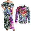 Personalized St Kilda Football Saints Couples Matching Off Shoulder Maxi Dress and Long Sleeve Button Shirt Tropical Hibiscus Flowers - Pacific Fusion Style