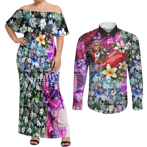 Personalized St Kilda Football Saints Couples Matching Off Shoulder Maxi Dress and Long Sleeve Button Shirt Tropical Hibiscus Flowers - Pacific Fusion Style