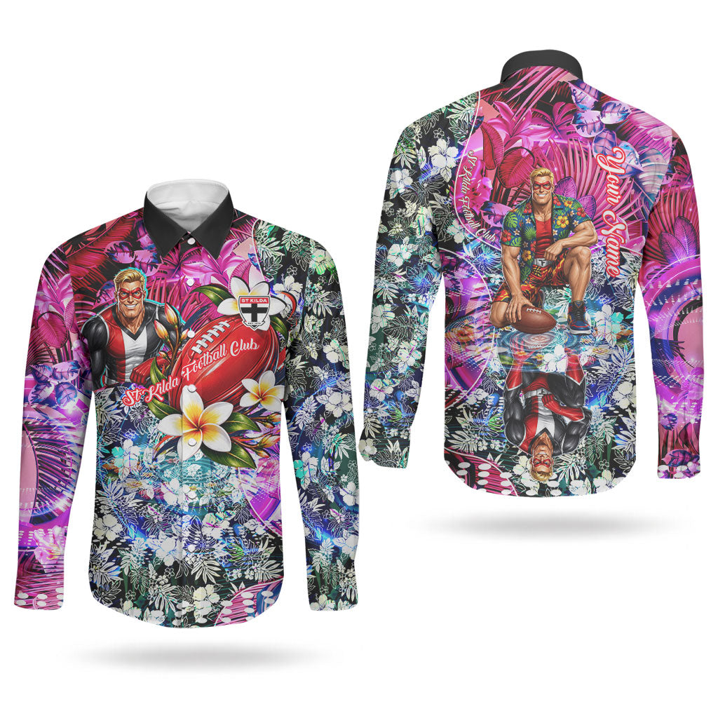 Personalized St Kilda Football Saints Couples Matching Off Shoulder Maxi Dress and Long Sleeve Button Shirt Tropical Hibiscus Flowers - Pacific Fusion Style