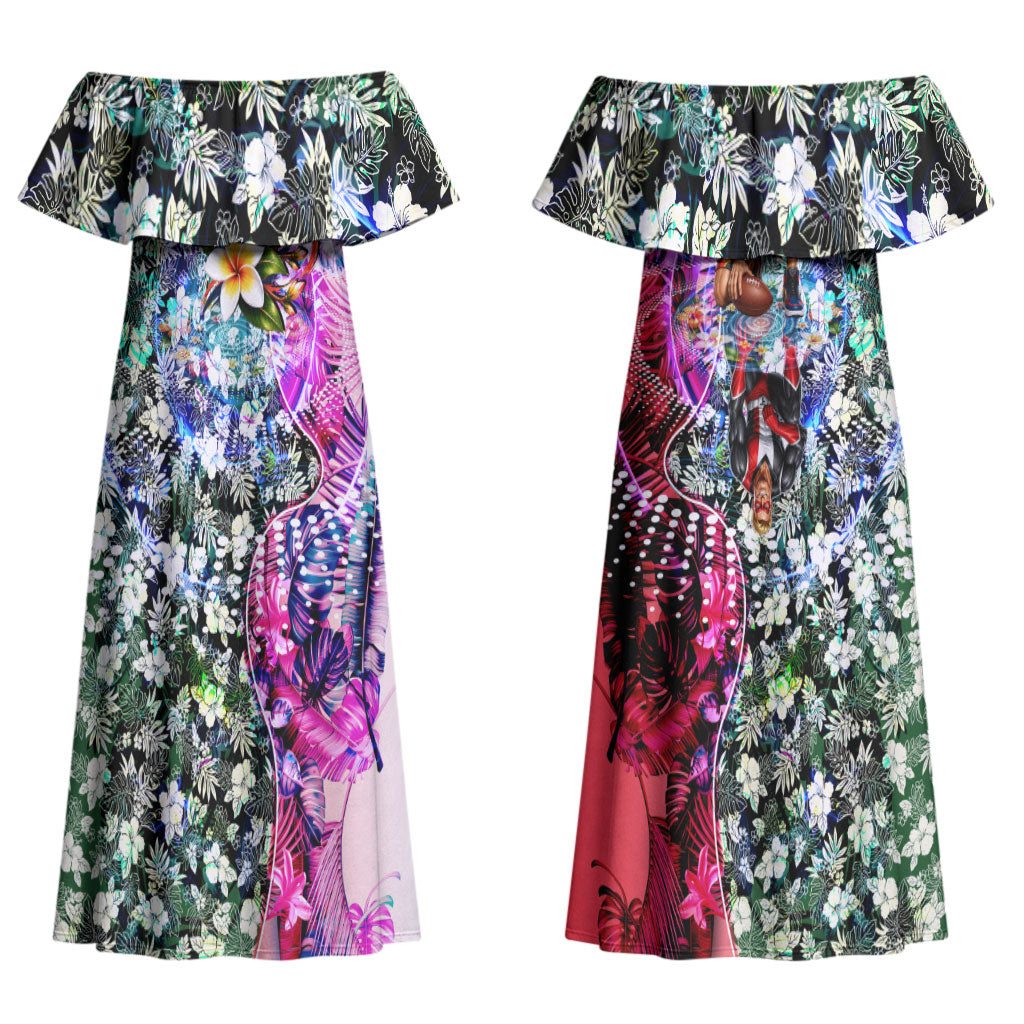 Personalized St Kilda Football Saints Couples Matching Off Shoulder Maxi Dress and Long Sleeve Button Shirt Tropical Hibiscus Flowers - Pacific Fusion Style