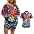 Personalized St Kilda Football Saints Couples Matching Off Shoulder Short Dress and Hawaiian Shirt Tropical Hibiscus Flowers - Pacific Fusion Style