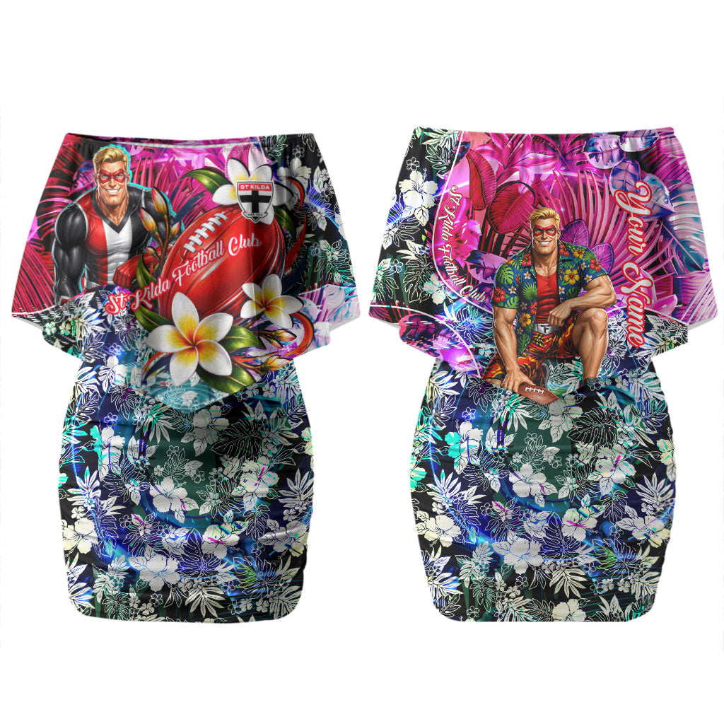 Personalized St Kilda Football Saints Couples Matching Off Shoulder Short Dress and Hawaiian Shirt Tropical Hibiscus Flowers - Pacific Fusion Style