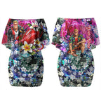 Personalized St Kilda Football Saints Couples Matching Off Shoulder Short Dress and Hawaiian Shirt Tropical Hibiscus Flowers - Pacific Fusion Style