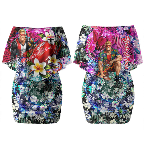 Personalized St Kilda Football Saints Couples Matching Off Shoulder Short Dress and Hawaiian Shirt Tropical Hibiscus Flowers - Pacific Fusion Style