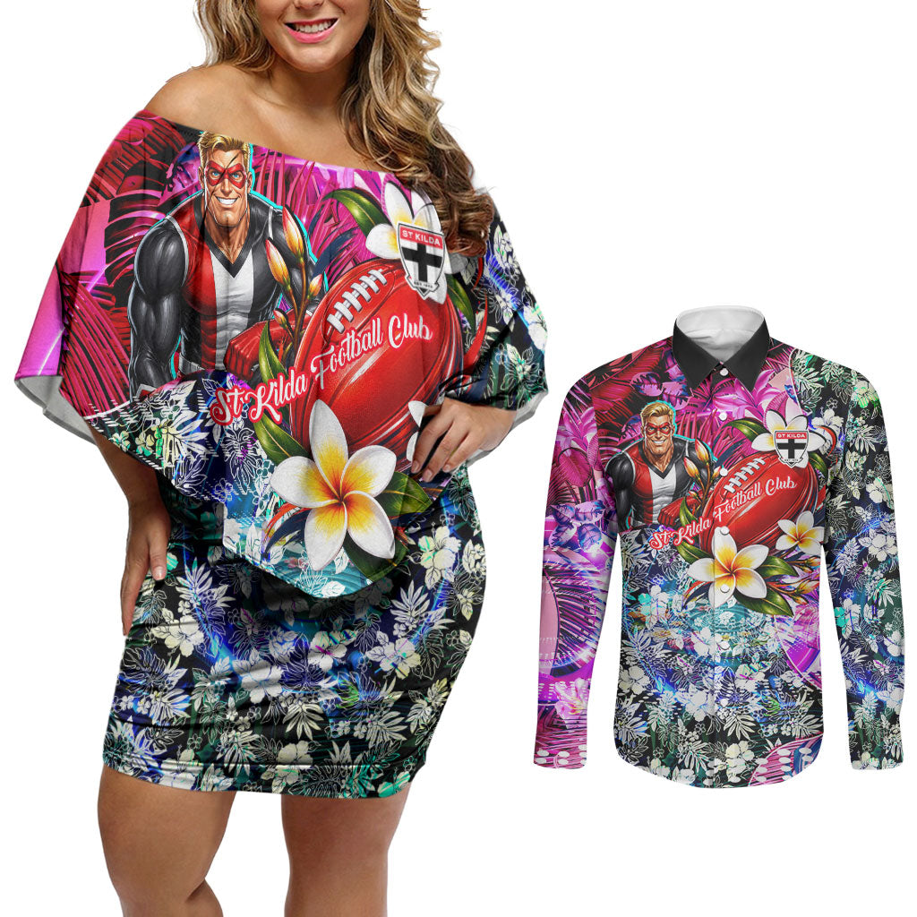 Personalized St Kilda Football Saints Couples Matching Off Shoulder Short Dress and Long Sleeve Button Shirt Tropical Hibiscus Flowers - Pacific Fusion Style