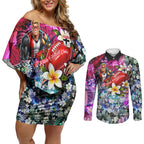 Personalized St Kilda Football Saints Couples Matching Off Shoulder Short Dress and Long Sleeve Button Shirt Tropical Hibiscus Flowers - Pacific Fusion Style