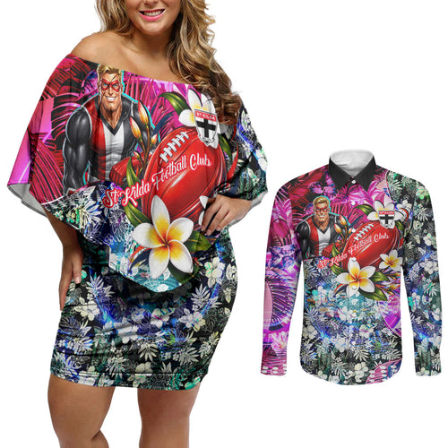 Personalized St Kilda Football Saints Couples Matching Off Shoulder Short Dress and Long Sleeve Button Shirt Tropical Hibiscus Flowers - Pacific Fusion Style