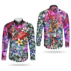 Personalized St Kilda Football Saints Couples Matching Off Shoulder Short Dress and Long Sleeve Button Shirt Tropical Hibiscus Flowers - Pacific Fusion Style