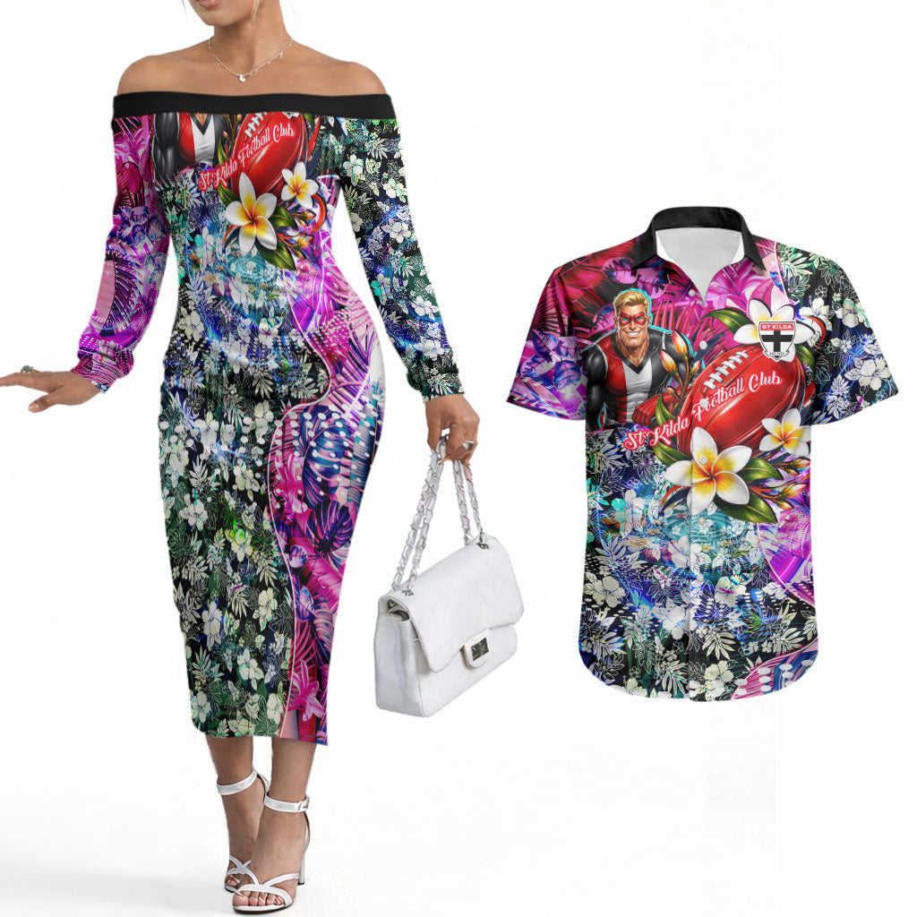 Personalized St Kilda Football Saints Couples Matching Off The Shoulder Long Sleeve Dress and Hawaiian Shirt Tropical Hibiscus Flowers - Pacific Fusion Style
