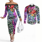 Personalized St Kilda Football Saints Couples Matching Off The Shoulder Long Sleeve Dress and Long Sleeve Button Shirt Tropical Hibiscus Flowers - Pacific Fusion Style