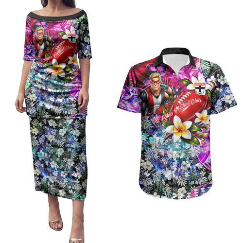 Personalized St Kilda Football Saints Couples Matching Puletasi and Hawaiian Shirt Tropical Hibiscus Flowers - Pacific Fusion Style