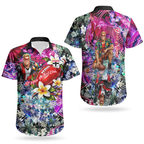 Personalized St Kilda Football Saints Couples Matching Puletasi and Hawaiian Shirt Tropical Hibiscus Flowers - Pacific Fusion Style