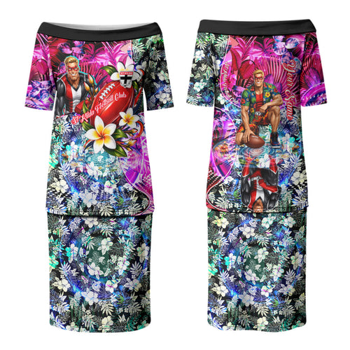 Personalized St Kilda Football Saints Couples Matching Puletasi and Hawaiian Shirt Tropical Hibiscus Flowers - Pacific Fusion Style