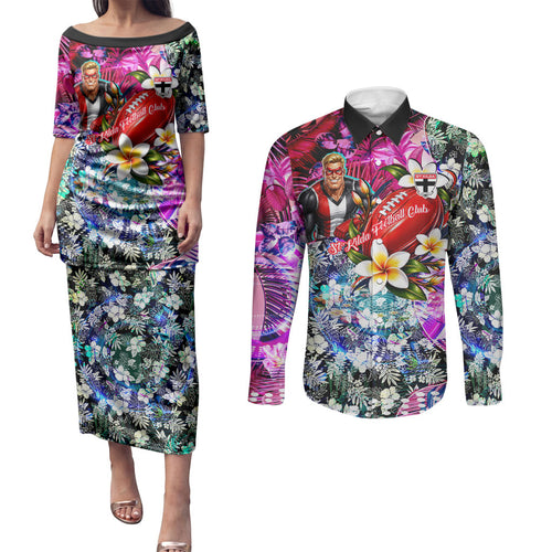 Personalized St Kilda Football Saints Couples Matching Puletasi and Long Sleeve Button Shirt Tropical Hibiscus Flowers - Pacific Fusion Style