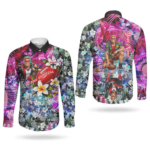 Personalized St Kilda Football Saints Couples Matching Puletasi and Long Sleeve Button Shirt Tropical Hibiscus Flowers - Pacific Fusion Style