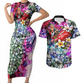 Personalized St Kilda Football Saints Couples Matching Short Sleeve Bodycon Dress and Hawaiian Shirt Tropical Hibiscus Flowers - Pacific Fusion Style
