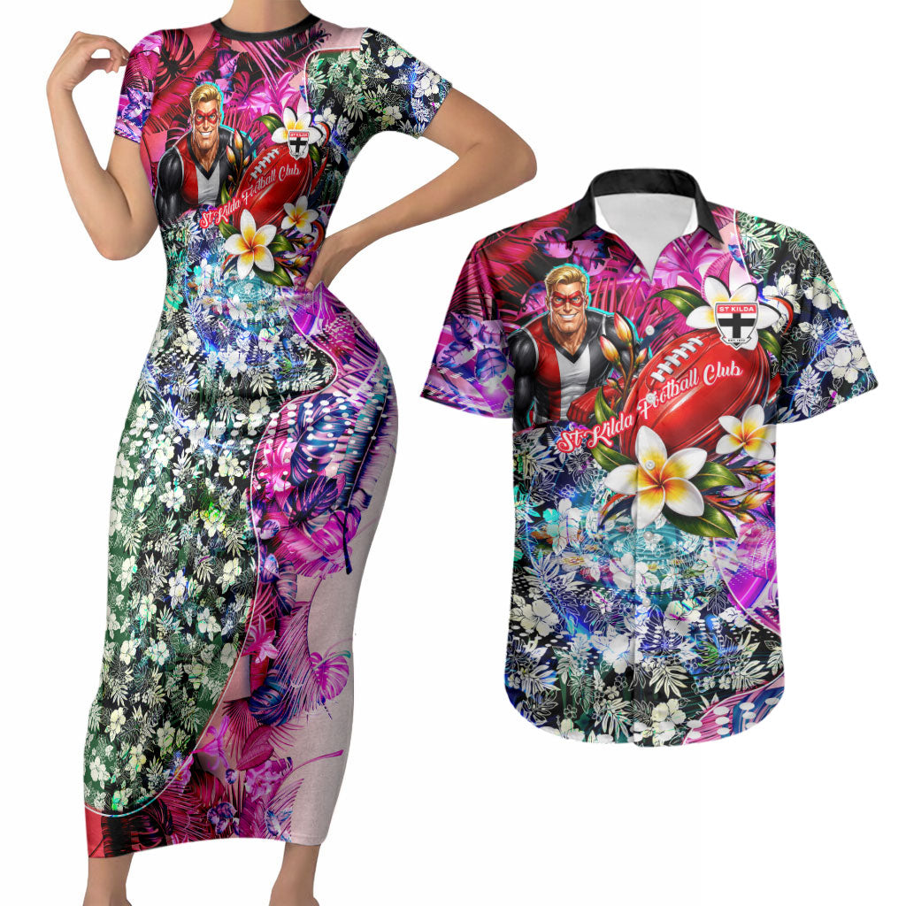 Personalized St Kilda Football Saints Couples Matching Short Sleeve Bodycon Dress and Hawaiian Shirt Tropical Hibiscus Flowers - Pacific Fusion Style