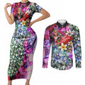 Personalized St Kilda Football Saints Couples Matching Short Sleeve Bodycon Dress and Long Sleeve Button Shirt Tropical Hibiscus Flowers - Pacific Fusion Style