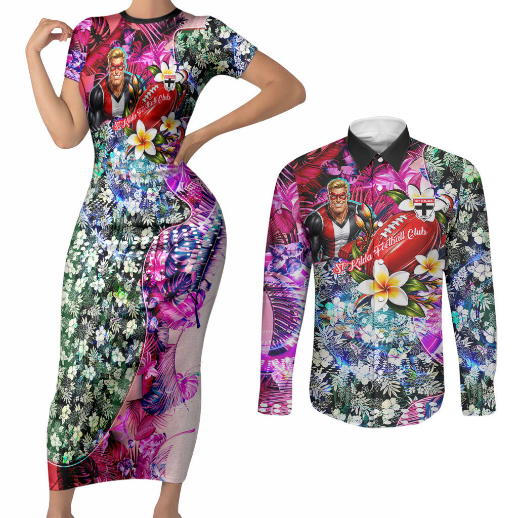 Personalized St Kilda Football Saints Couples Matching Short Sleeve Bodycon Dress and Long Sleeve Button Shirt Tropical Hibiscus Flowers - Pacific Fusion Style