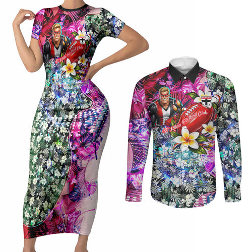 Personalized St Kilda Football Saints Couples Matching Short Sleeve Bodycon Dress and Long Sleeve Button Shirt Tropical Hibiscus Flowers - Pacific Fusion Style