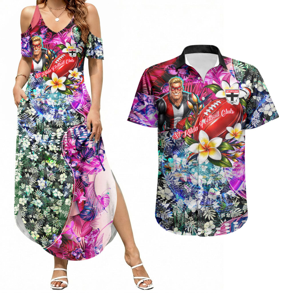 Personalized St Kilda Football Saints Couples Matching Summer Maxi Dress and Hawaiian Shirt Tropical Hibiscus Flowers - Pacific Fusion Style