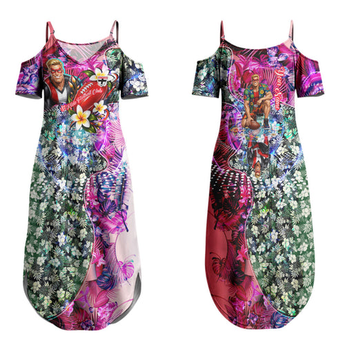 Personalized St Kilda Football Saints Couples Matching Summer Maxi Dress and Long Sleeve Button Shirt Tropical Hibiscus Flowers - Pacific Fusion Style