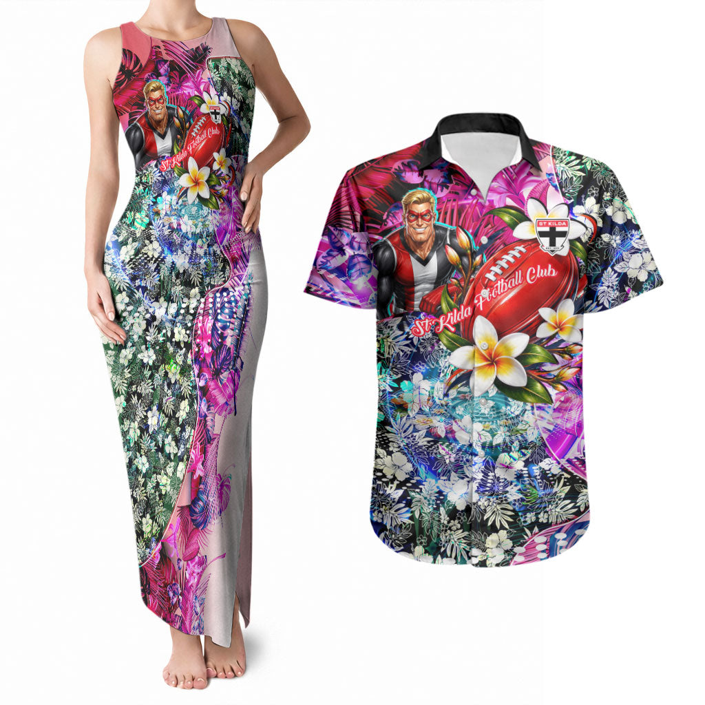 Personalized St Kilda Football Saints Couples Matching Tank Maxi Dress and Hawaiian Shirt Tropical Hibiscus Flowers - Pacific Fusion Style