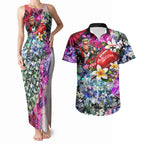 Personalized St Kilda Football Saints Couples Matching Tank Maxi Dress and Hawaiian Shirt Tropical Hibiscus Flowers - Pacific Fusion Style