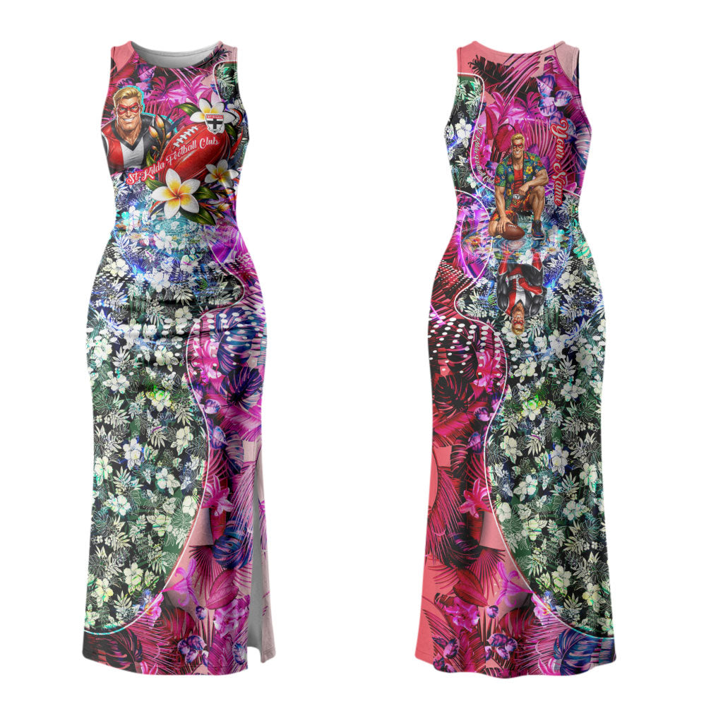 Personalized St Kilda Football Saints Couples Matching Tank Maxi Dress and Hawaiian Shirt Tropical Hibiscus Flowers - Pacific Fusion Style