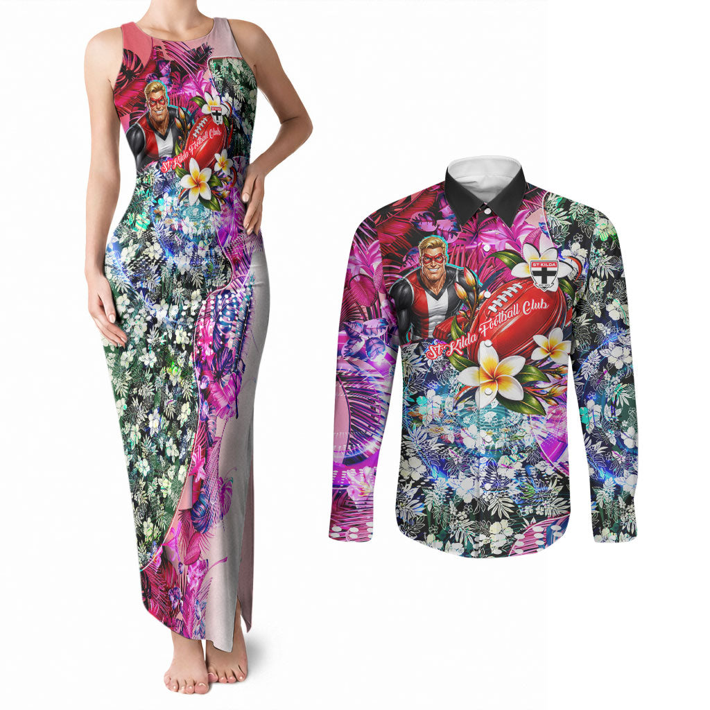 Personalized St Kilda Football Saints Couples Matching Tank Maxi Dress and Long Sleeve Button Shirt Tropical Hibiscus Flowers - Pacific Fusion Style