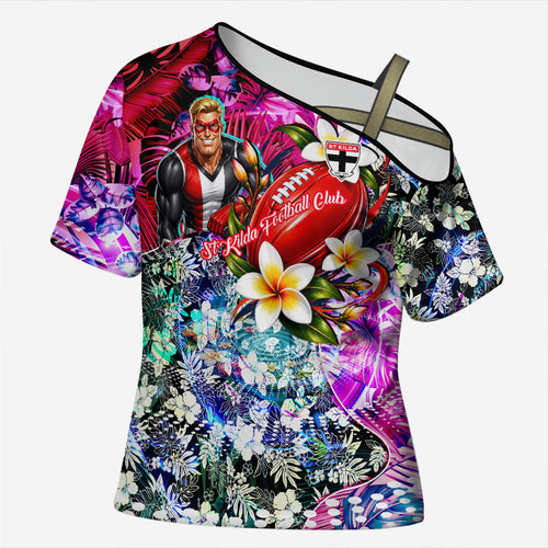 Personalized St Kilda Football Saints Cross Shoulder Shirt Tropical Hibiscus Flowers - Pacific Fusion Style