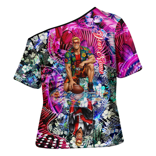 Personalized St Kilda Football Saints Cross Shoulder Shirt Tropical Hibiscus Flowers - Pacific Fusion Style