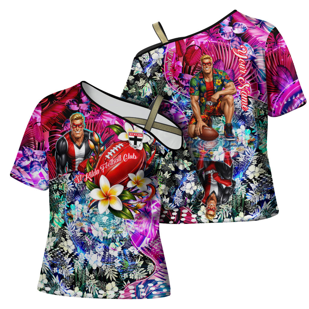 Personalized St Kilda Football Saints Cross Shoulder Shirt Tropical Hibiscus Flowers - Pacific Fusion Style