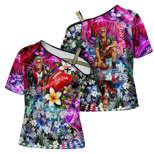 Personalized St Kilda Football Saints Cross Shoulder Shirt Tropical Hibiscus Flowers - Pacific Fusion Style